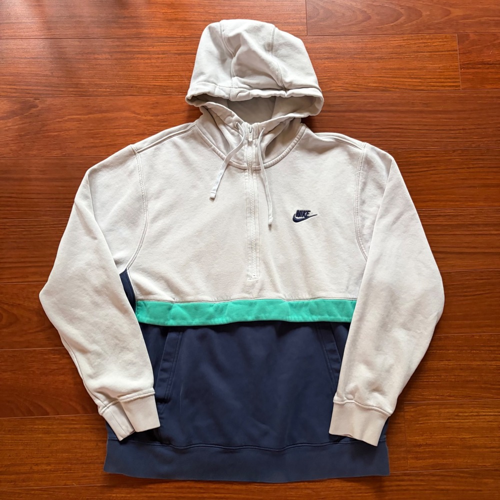 Nike Mens Hoodie Large Gray Green Navy Colorblock Quarter Zip Pullover Hooded